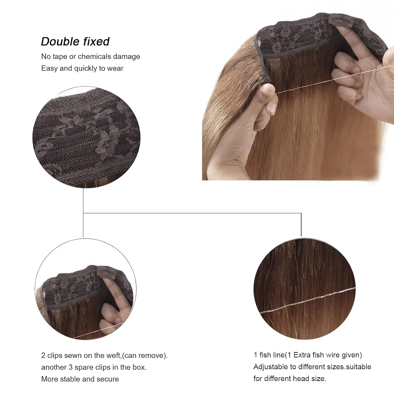Ugrace Hair Wire Hair Extensions Real Human Hair Balayage Chocolate Brown to Dark Blonde 18 inch 90g Transparent Invisible Fish Line Straight Clip in Human Hair Extensions for Women
