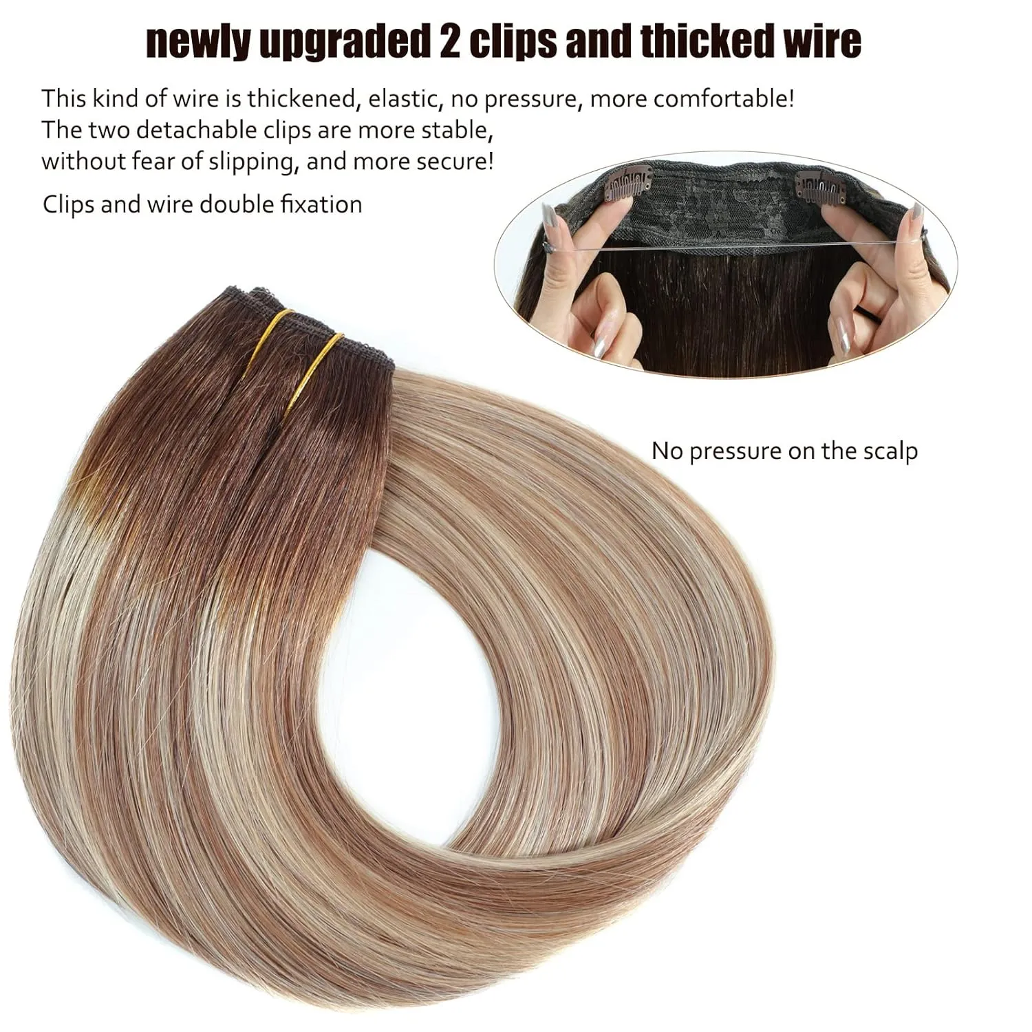 Ugrace Hair Wire Hair Extensions Real Human Hair Balayage Light Brown to Ash Brown and Bleach Blonde 18 inch 90g Transparent Invisible Fish Line Straight Clip in Human Hair Extensions for Women
