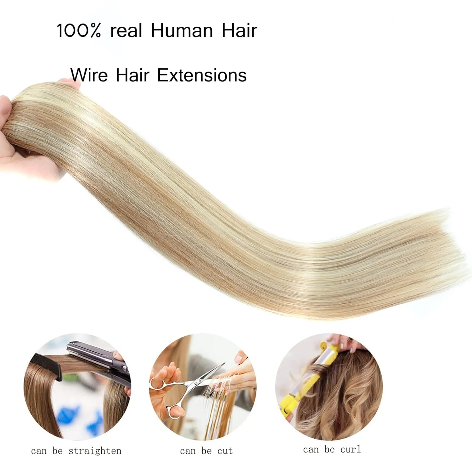 Ugrace Hair Wire Hair Extensions Real Human Hair Light Blonde Highlighted Golden Blonde 18 inch 90g Hairpiece with Invisible Fish Line Straight Clip in Human Hair Extensions for Women