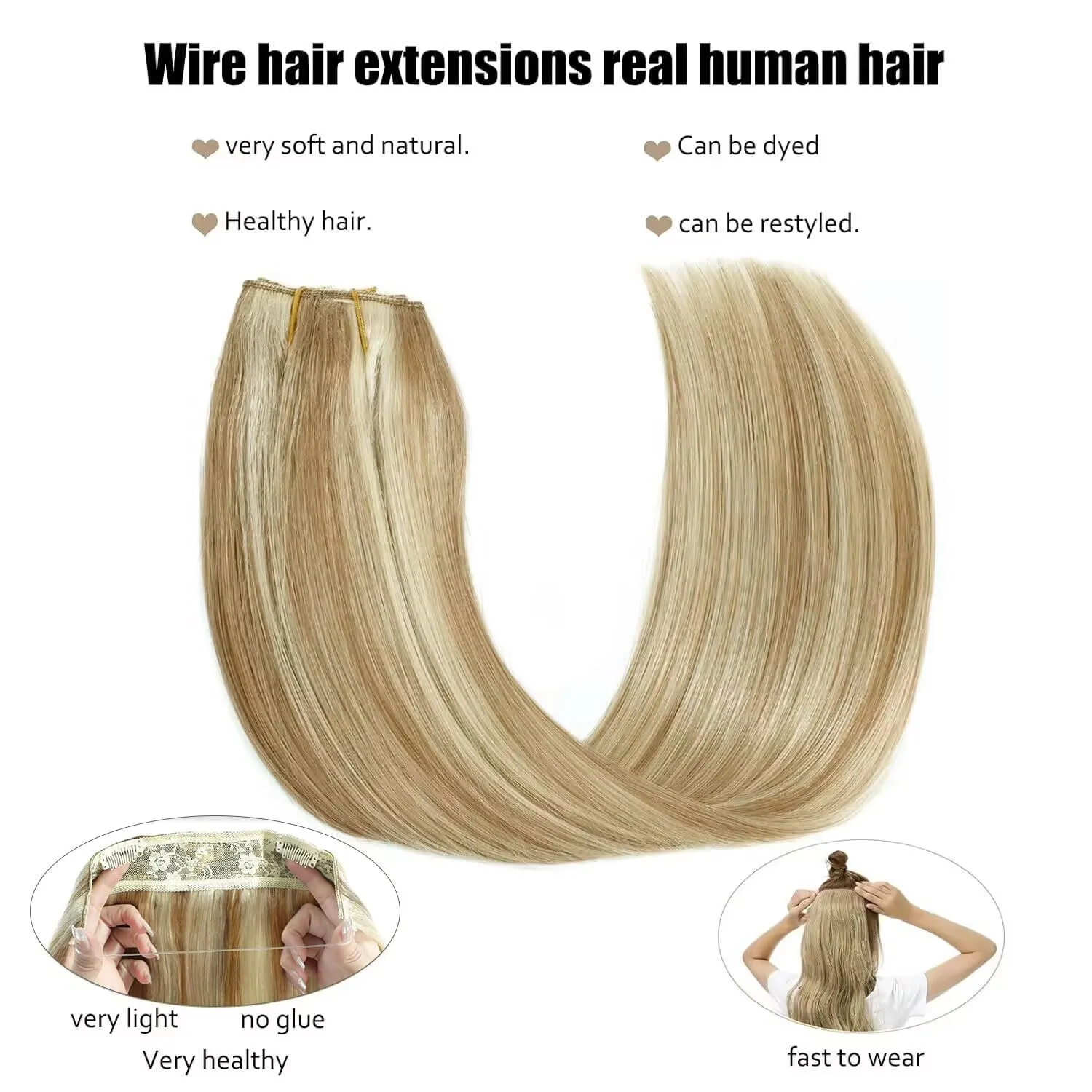 Ugrace Real Human Hair Clip in Extensions with Invisible Fish Line - Straight Hair (14 inch, Highlight Color P16/613)