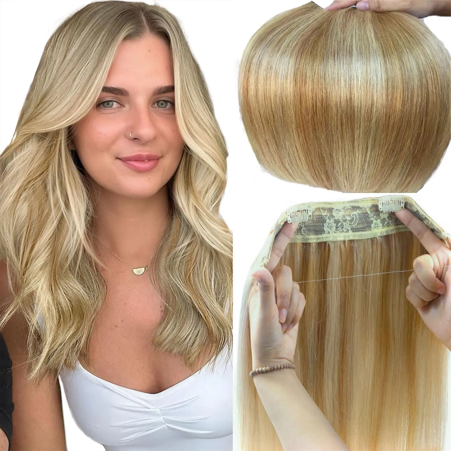 Ugrace Real Human Hair Clip in Extensions with Invisible Fish Line - Straight Hair (14 inch, Highlight Color P16/613)