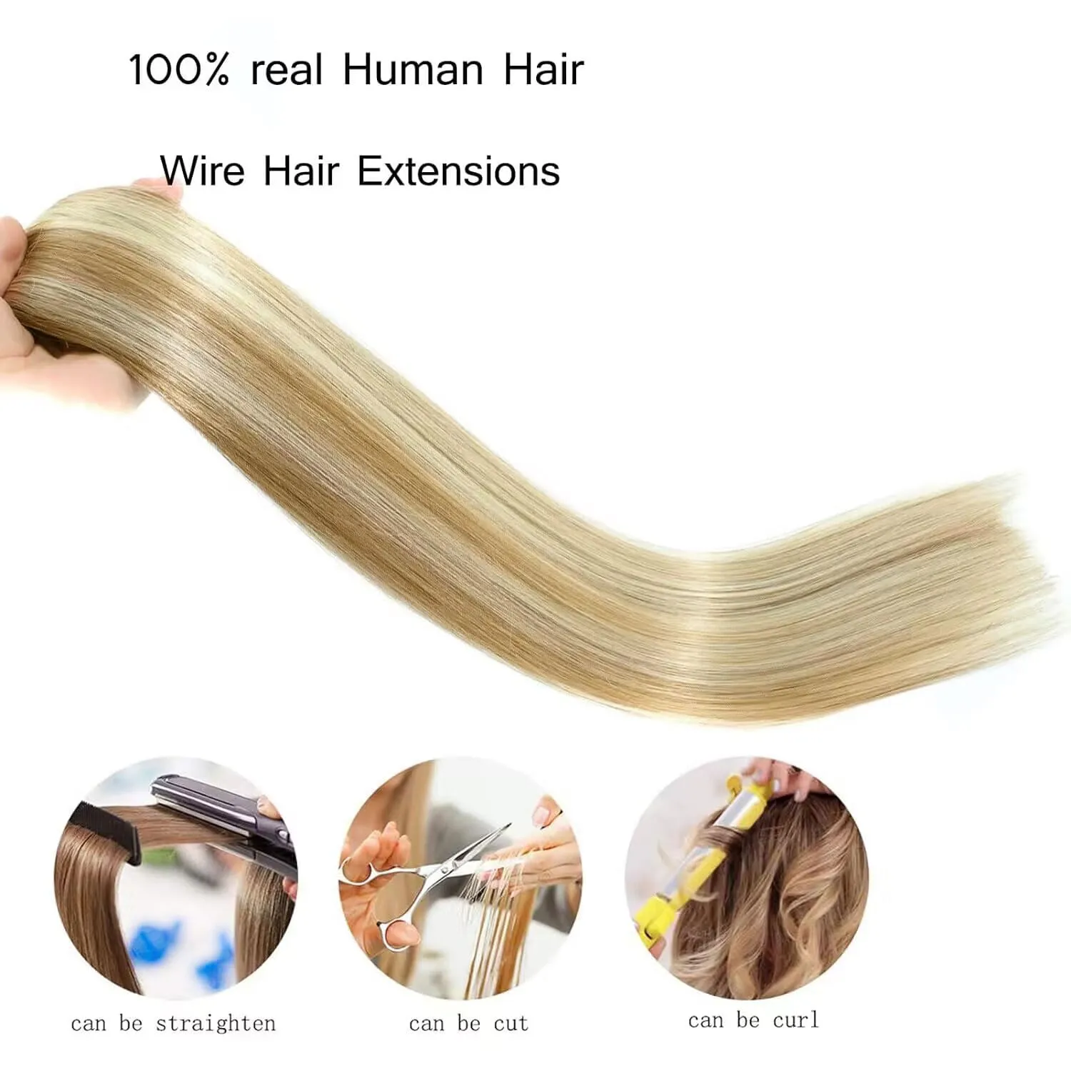 Ugrace Real Human Hair Clip in Extensions with Invisible Fish Line - Straight Hair (14 inch, Highlight Color P16/613)