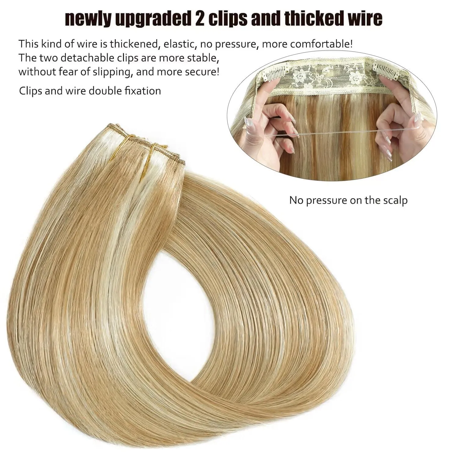 Ugrace Real Human Hair Clip in Extensions with Invisible Fish Line - Straight Hair (14 inch, Highlight Color P16/613)