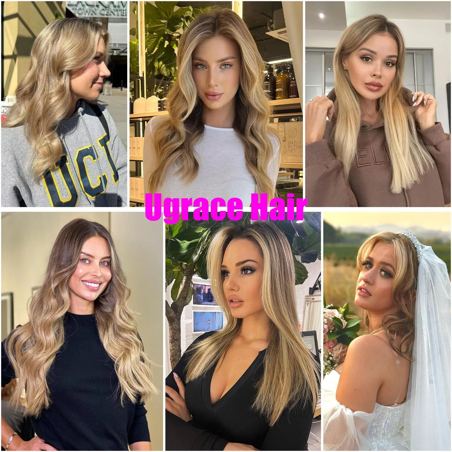 Ugrace Real Human Hair Clip in Extensions with Invisible Fish Line - Straight Hair (14 inch, Highlight Color P16/613)
