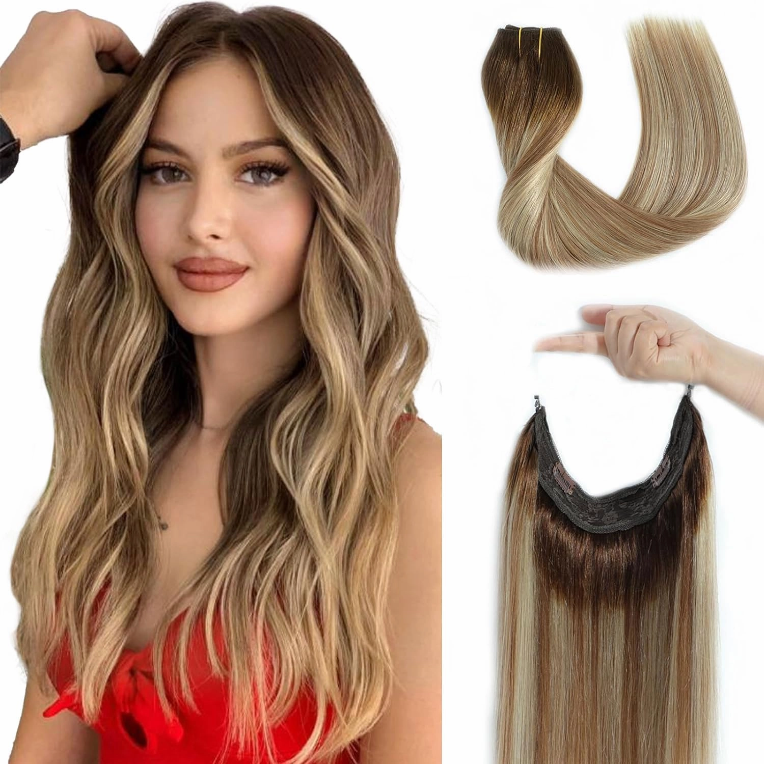 Ugrace Hair Wire Hair Extensions Real Human Hair 14 inch 70g Transparent Invisible Fish Line Straight Clip in Human Hair Extensions for Women
