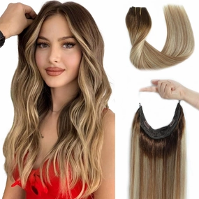 Ugrace Hair Wire Hair Extensions Real Human Hair 14 inch 70g Transparent Invisible Fish Line Straight Clip in Human Hair Extensions for Women