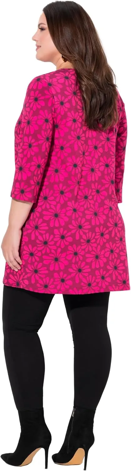Ulla Popken Womenswear Plus Size Curvy Flower Print 3/4 Sleeve Knit Tunic 837000