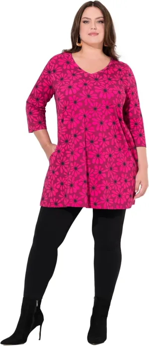 Ulla Popken Womenswear Plus Size Curvy Flower Print 3/4 Sleeve Knit Tunic 837000