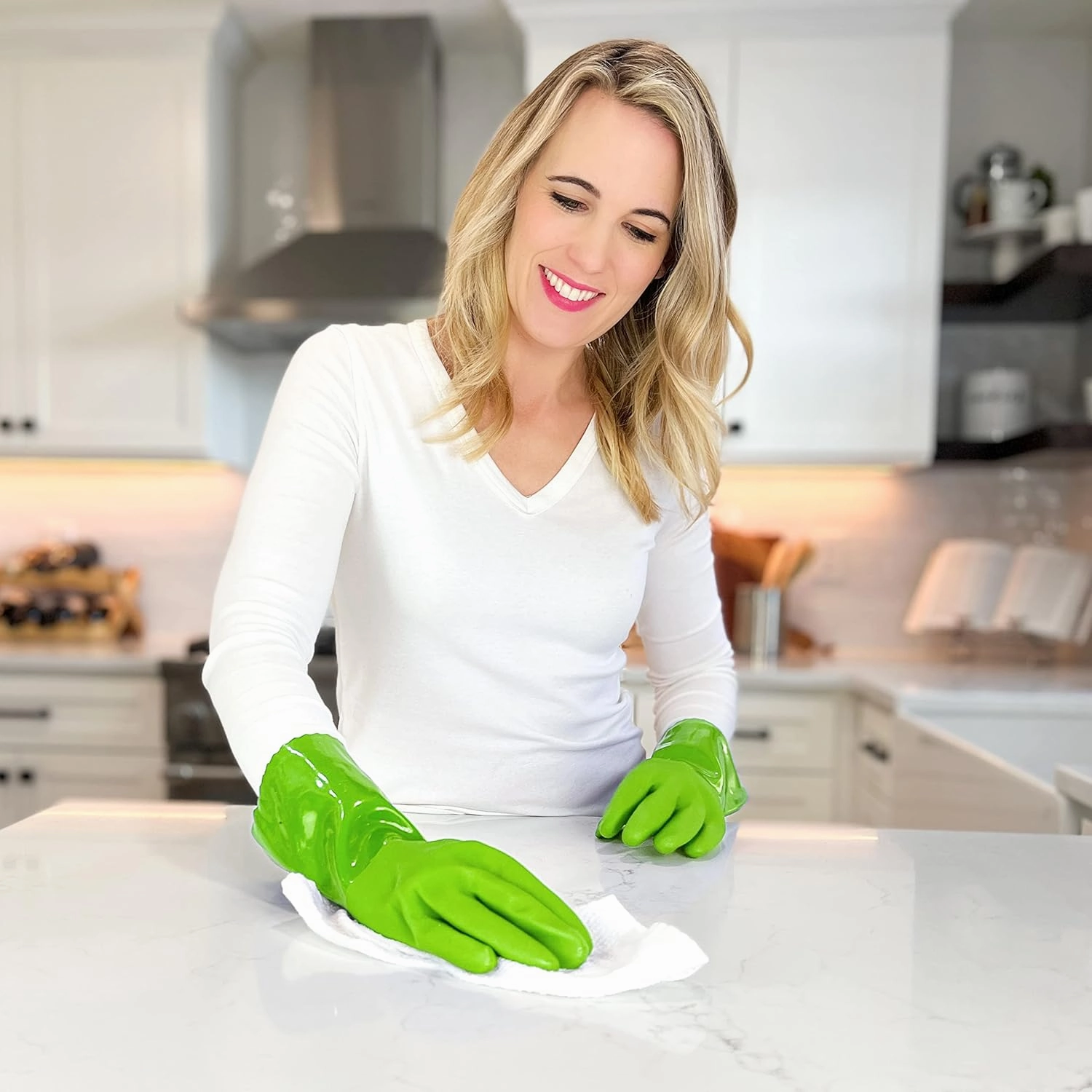 Ultimate Rubber Household PVC Gloves with Comfortable Cotton Lining, Anti-Slip surface, Kitchen Dishwashing, Extra Thickness, Kitchen Cleaning, Working, Painting, Pet Care (Medium, Green)