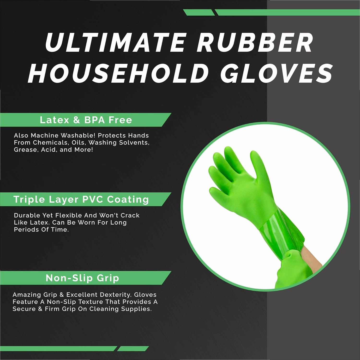 Ultimate Rubber Household PVC Gloves with Comfortable Cotton Lining, Anti-Slip surface, Kitchen Dishwashing, Extra Thickness, Kitchen Cleaning, Working, Painting, Pet Care (Medium, Green)