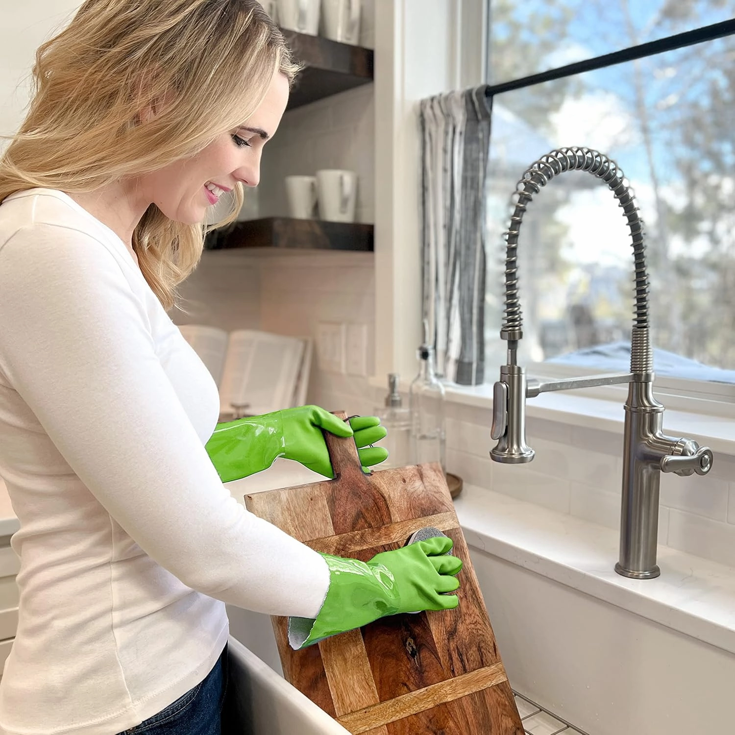 Ultimate Rubber Household PVC Gloves with Comfortable Cotton Lining, Anti-Slip surface, Kitchen Dishwashing, Extra Thickness, Kitchen Cleaning, Working, Painting, Pet Care (Medium, Green)