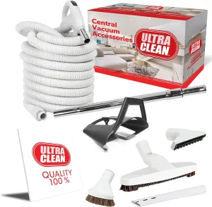 Ultra Clean Central Vacuum Hardwood Kit - Low-Voltage 24V Crush-Proof Hose with ON/Off Switch Cleaning Tools and Extandable Telescopic Wand (Light Grey, 30 ft)