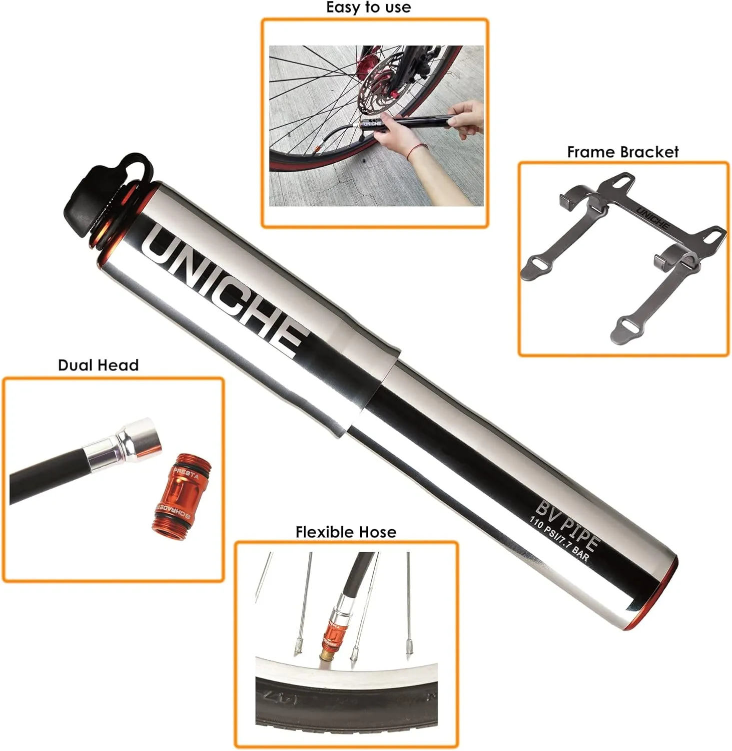 UNICHE Tech High Volume 110 PSI Portable MTB Pump Dual Head Fits Presta and Schrader - Small