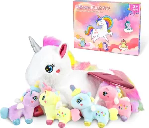 Unicorn Stuffed Animals, Cute Plush Toy Mommy Unicorn with 4 Babies Unicorns in Her Tummy, Plush Pillow Toy Set with Wings for Birthday for Ages 3 4 5 6 7 8  Yeas Old Girls Toddler Kids