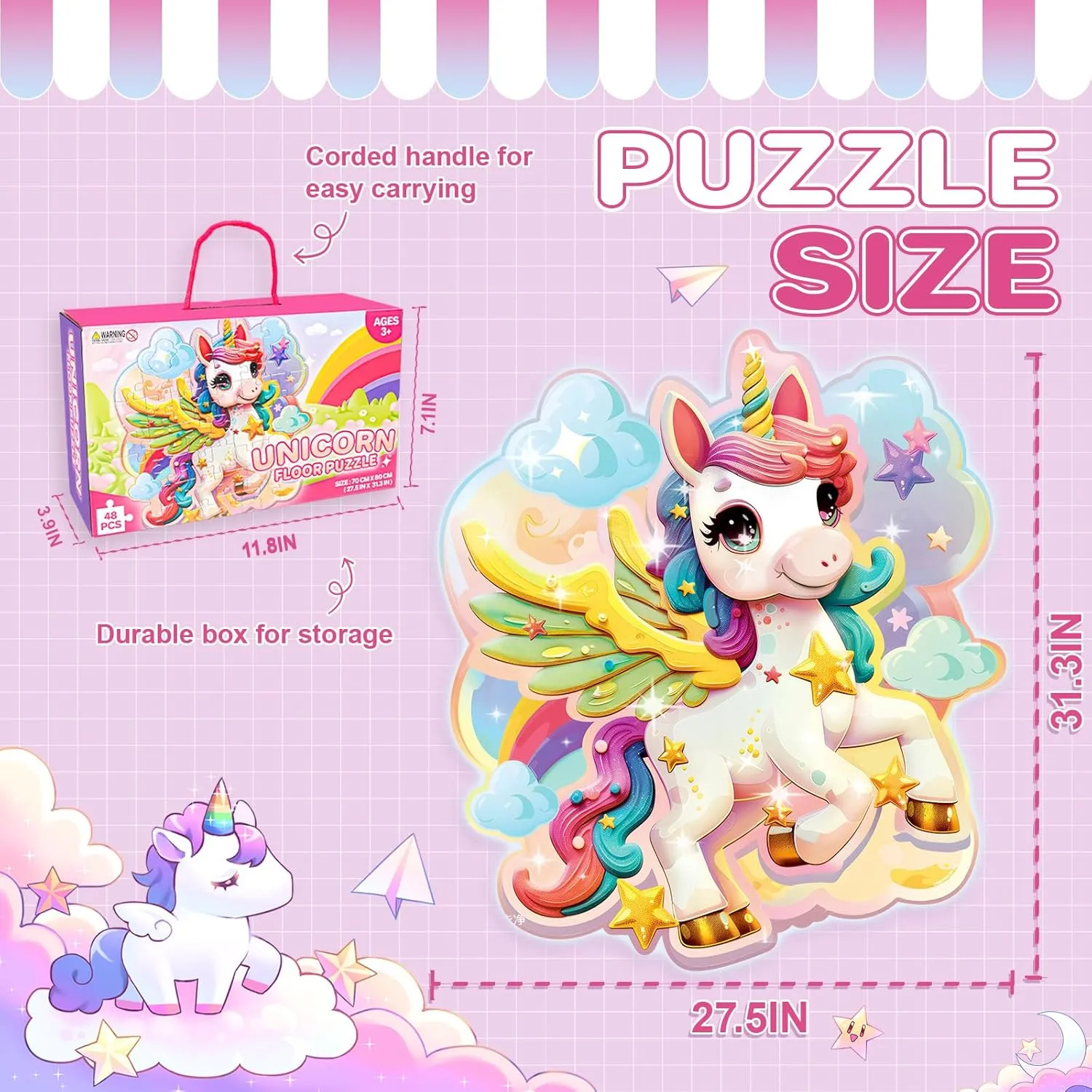 Unicorn Toys for Girls Age 4-6,48 Piece Unicorn Large Floor Puzzles for Kids Ages 3-5, Toddler Learning Preschool Educational Development Toys Christmas Birthday Gift for Boys Girls