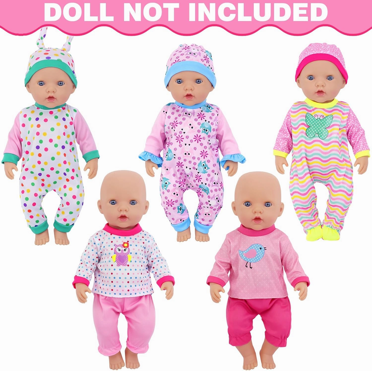 UNICORN ELEMENT 5 Sets Baby Doll Clothes for 14-18 Inch Dolls, Doll Pjs Outfits Playtime Jumpsuits Fit in 15 Inch Dolls Reborn,10 Pcs in Total Doll Clothes and Accessories for 18 Inch Girl Doll