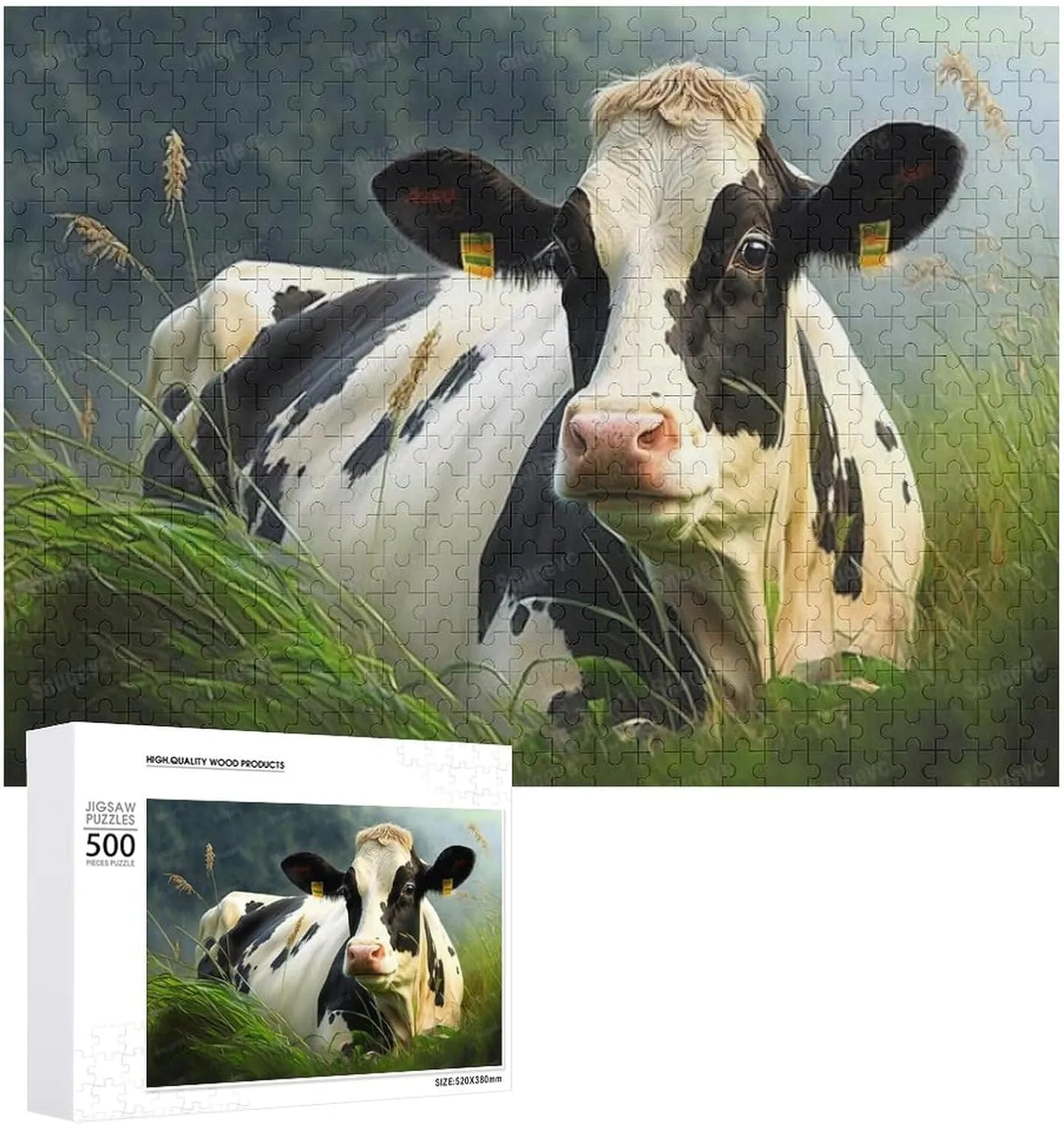 Unique Wooden Jigsaw Puzzles - Grassland Cow, 500 Pieces Colorful Artwork Jigsaw Puzzle for Adults, Fun and Challenging Brain Exercise for Puzzle Enthusiasts - Ideal Gift