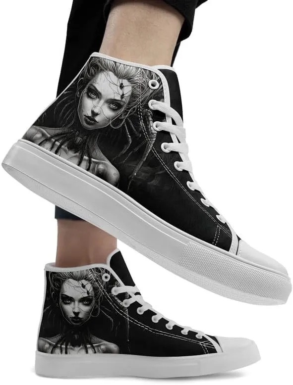 Unisex Fashion Skull High Top Sneakers Classic Lace-Up Canvas Shoes,Casual Cool Hip Hop Tennis Walking Shoes for Men Women