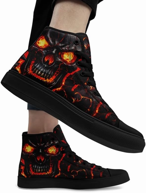 Unisex Fashion Skull High Top Sneakers Classic Lace-Up Canvas Shoes,Casual Cool Hip Hop Tennis Walking Shoes for Men Women