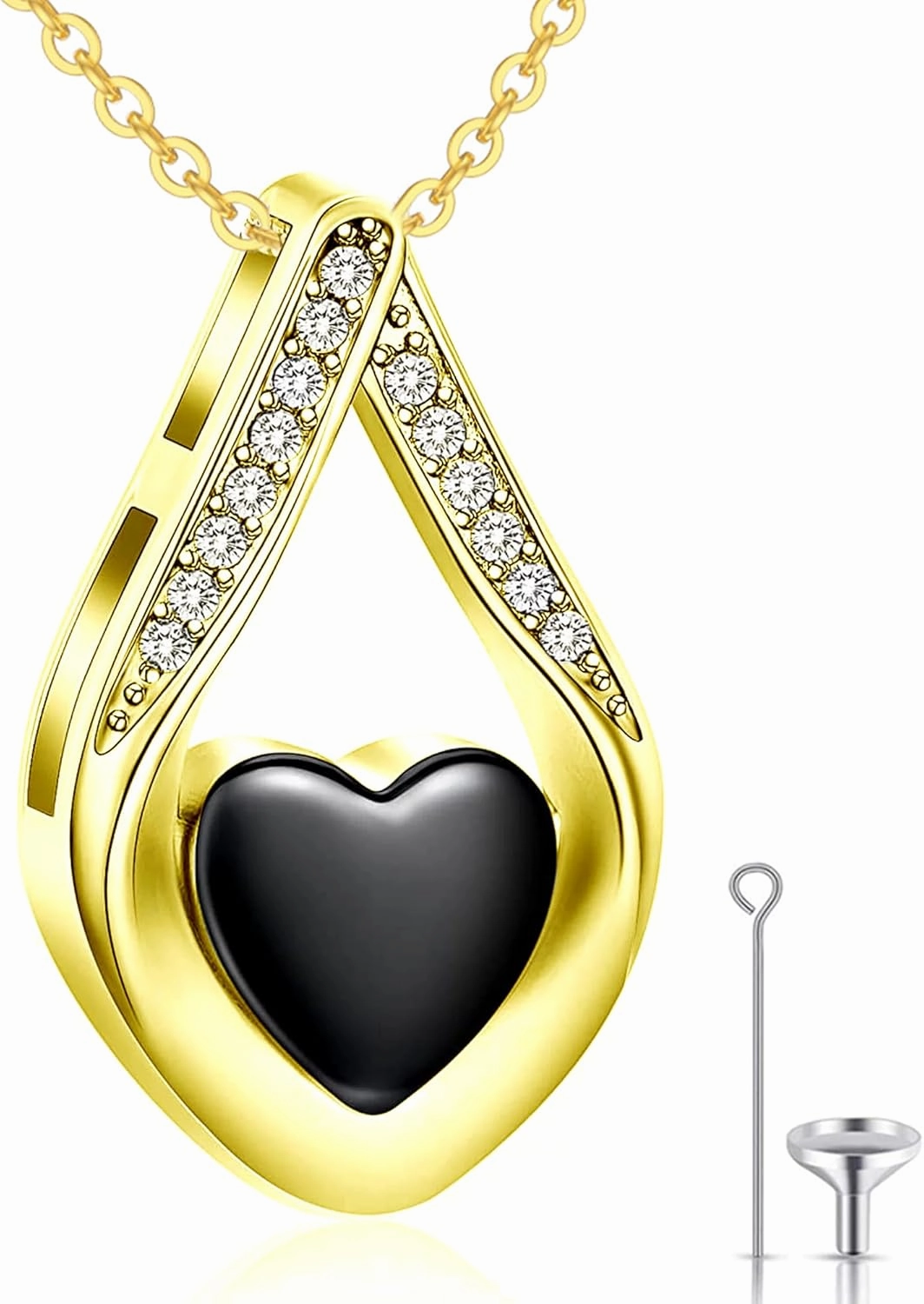 Urn Necklace for Ashes, Solid 10K/14K/18K Real Gold Heart Onyx Urn Necklace Custom Any Name Personalized Cremation Luxury Jewelry Black Onyx Keepsake Necklace Gift for Women Mom Ladies Her