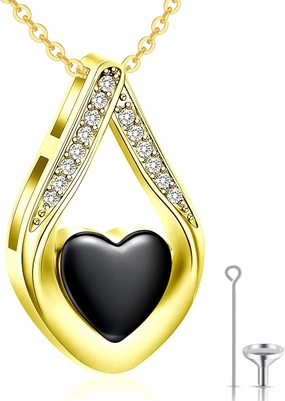 Urn Necklace for Ashes, Solid 10K/14K/18K Real Gold Heart Onyx Urn Necklace Custom Any Name Personalized Cremation Luxury Jewelry Black Onyx Keepsake Necklace Gift for Women Mom Ladies Her