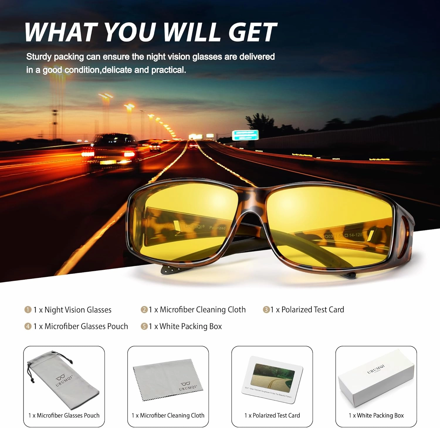 URUMQI Night Vision Driving Glasses Fit Over Eyeglasses for Men Women, Anti Glare Polarized Nighttime Glasses Yellow Lens