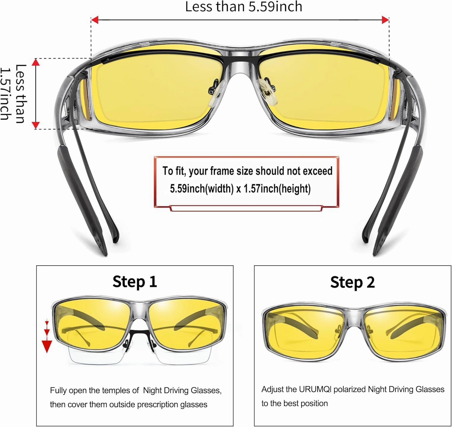 URUMQI Night Vision Driving Glasses Fit Over Eyeglasses for Men Women, Anti Glare Polarized Nighttime Glasses Yellow Lens