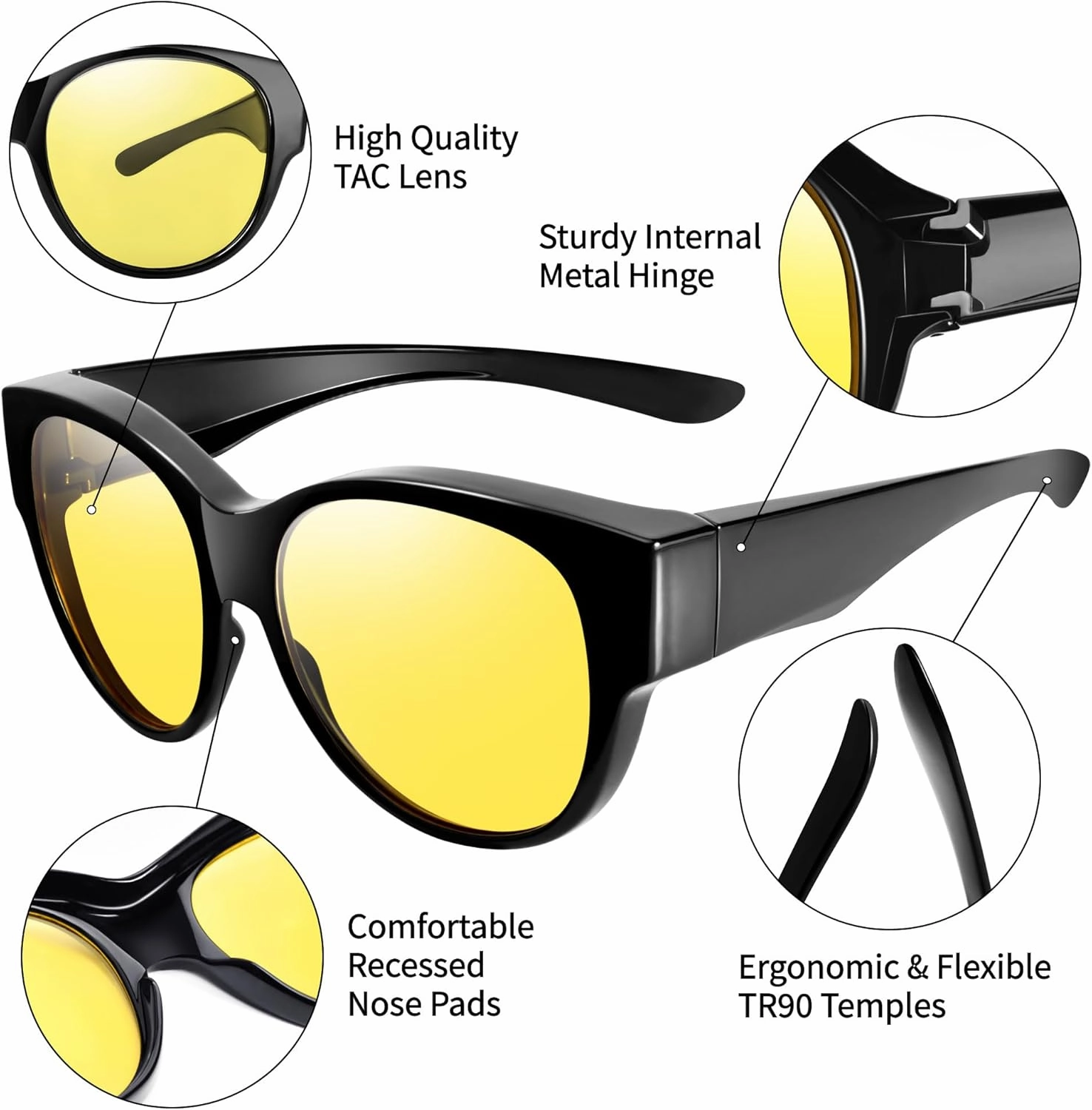 URUMQI Night Vision Driving Glasses for Women Anti-Glare Fit Over, Polarized Night Time HD Yellow Lens
