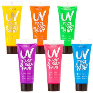 UV Face and Body Paint 10ml - 6 Pack - Neon Glow in the Dark Body Paint for Adults - Non Toxic, Vivid UV Reactive Makeup for Blacklight Parties & Events, Moisturizing Formula, by Splashes & Spills
