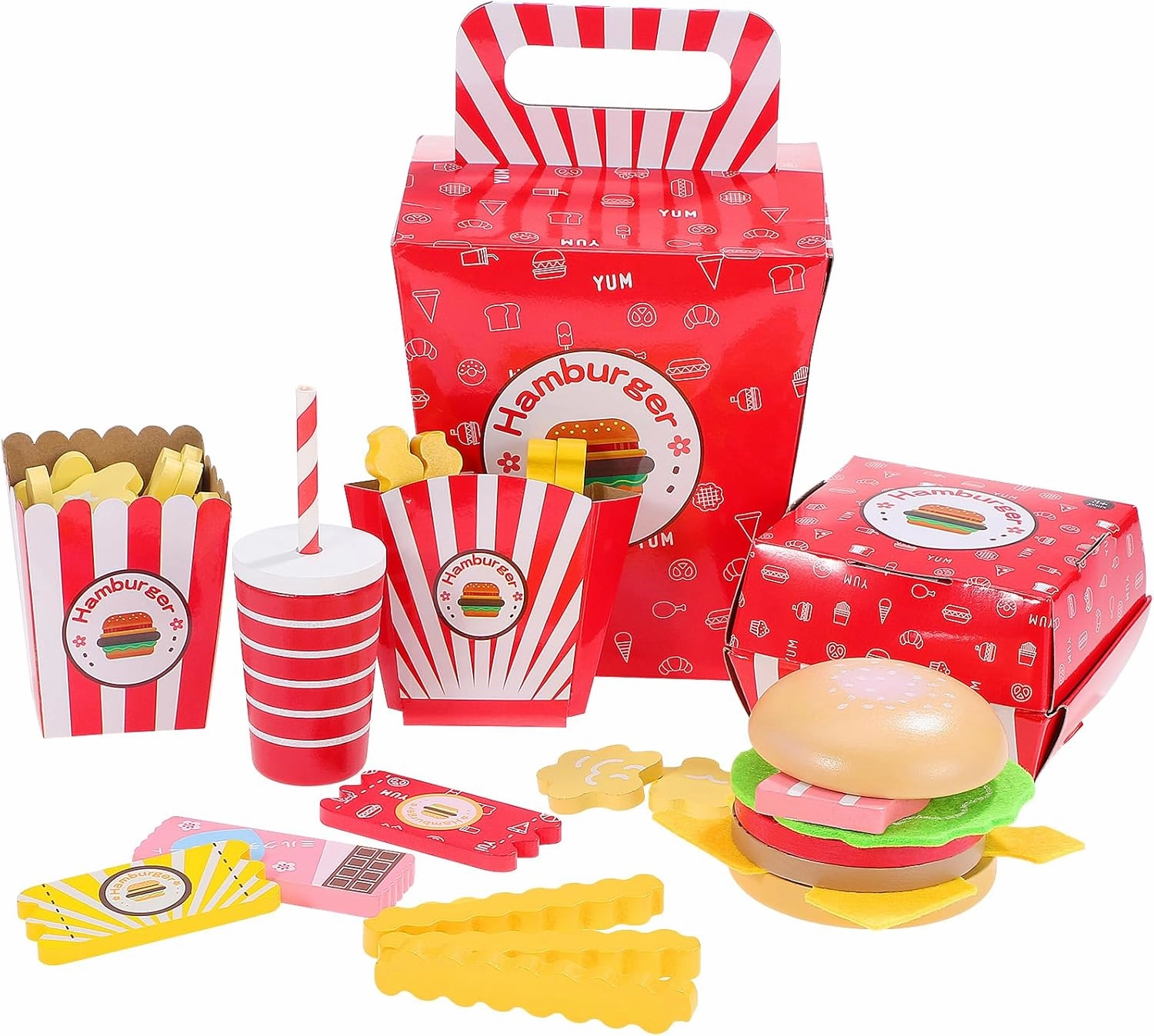 Vaguelly Hamburger French Fries Combo Wooden Kitchen Toys - Wooden Food, Pretend Play Food, Happy Burgers