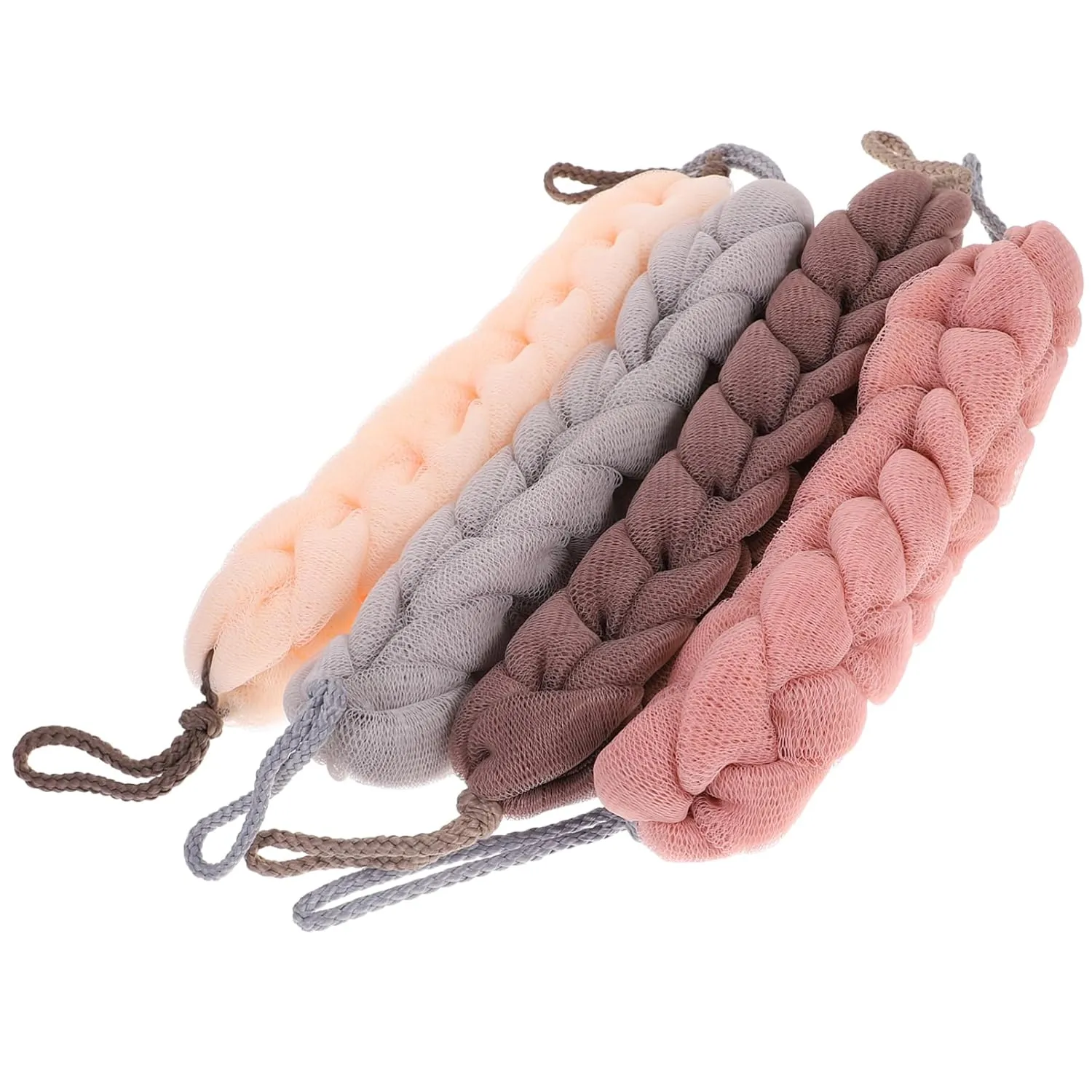 VALICLUD 4Pcs Weave Bath Strips Comfortable Body Scrubber Exfoliator Natural Bath Shower Tool for Gentle Skin Cleansing Includes Grey Pink Beige and Khaki Colors