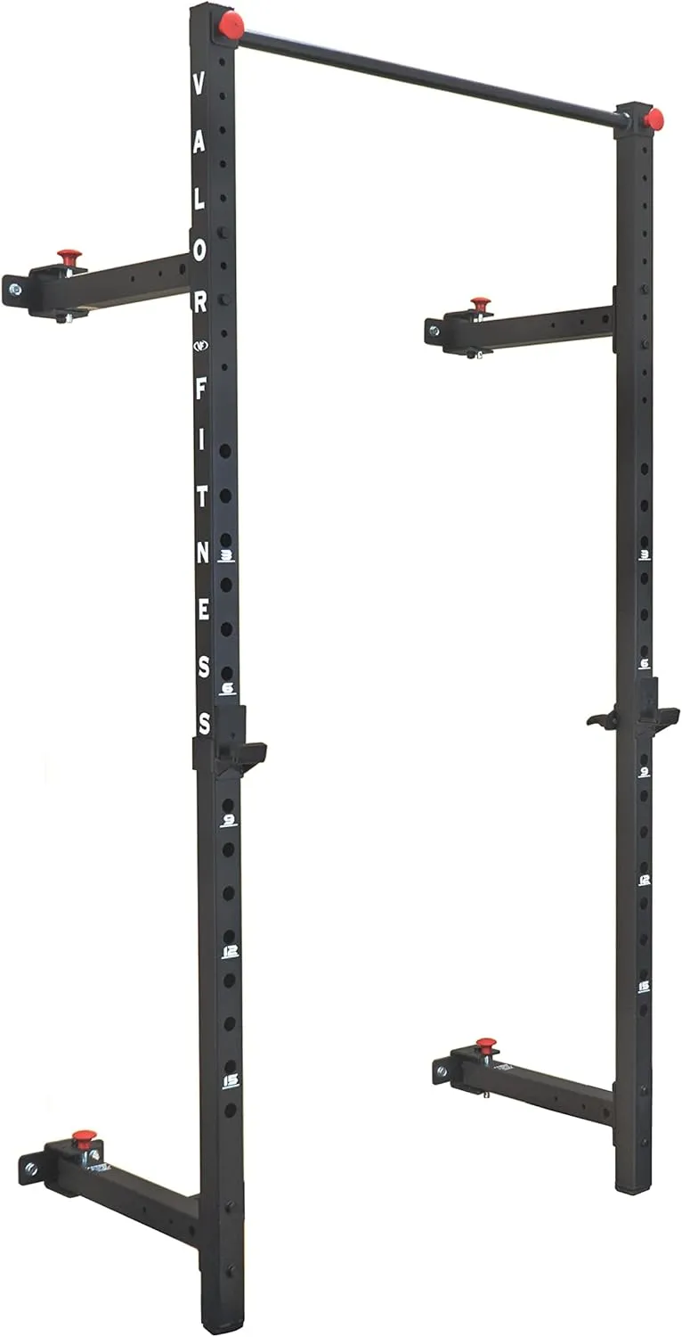 Valor Fitness Squat Rack with Pull Up Bar & J Hook Bar Catch - Wall Mounted & Folding Compact Space Saving - Home Gym Total Body Workout Equipment