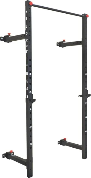 Valor Fitness Squat Rack with Pull Up Bar & J Hook Bar Catch - Wall Mounted & Folding Compact Space Saving - Home Gym Total Body Workout Equipment