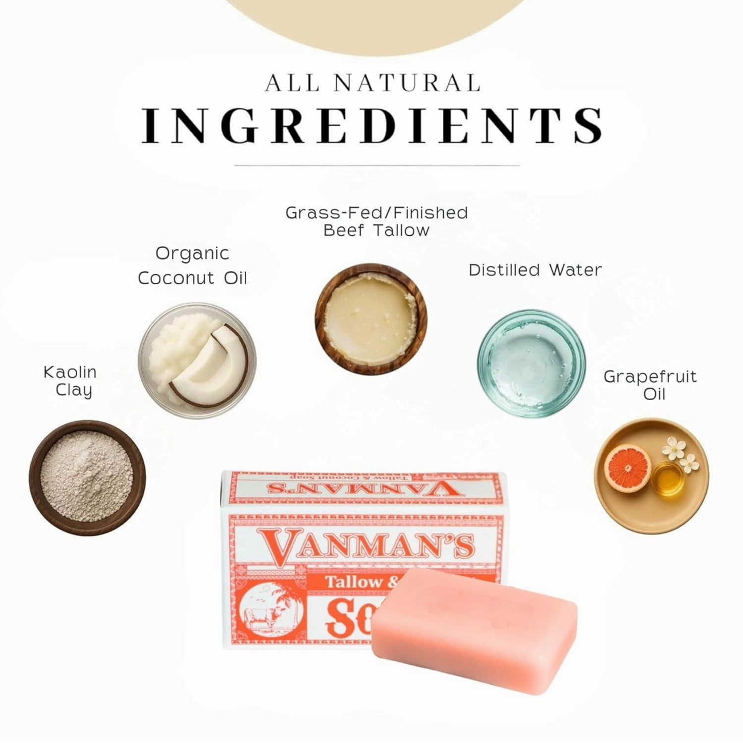 VanMan Beef Tallow and Coconut Oil Bar Soap – Pure Grass-Fed Beef Tallow Soap with Coconut Oil & Kaolin Clay, Subtle Grapefruit Scent, Hydrating & Nourishing, Clean Ingredients, 3.8oz - 10 Pack