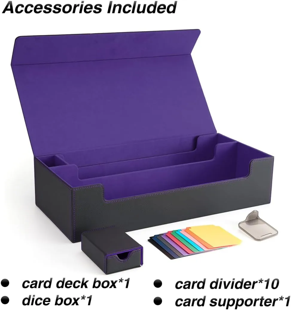 Venssu MTG Deck Box Holds 5 Display Card Deck Boxes with Playmat and Dice Box,Includes 10 colorful dividers and 1 card supporter, Trading Card Storage Box For Magic Game Cards（Black and Purple）
