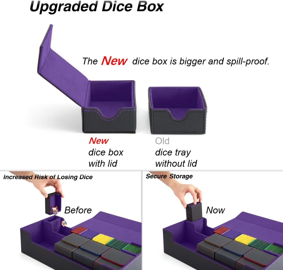 Venssu MTG Deck Box Holds 5 Display Card Deck Boxes with Playmat and Dice Box,Includes 10 colorful dividers and 1 card supporter, Trading Card Storage Box For Magic Game Cards（Black and Purple）