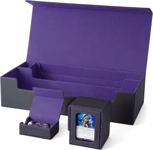 Venssu MTG Deck Box Holds 5 Display Card Deck Boxes with Playmat and Dice Box,Includes 10 colorful dividers and 1 card supporter, Trading Card Storage Box For Magic Game Cards（Black and Purple）