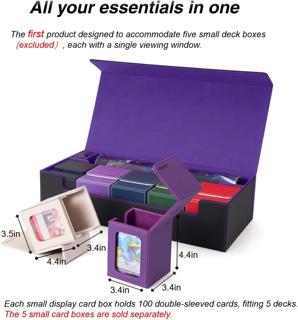 Venssu MTG Deck Box Holds 5 Display Card Deck Boxes with Playmat and Dice Box,Includes 10 colorful dividers and 1 card supporter, Trading Card Storage Box For Magic Game Cards（Black and Purple）