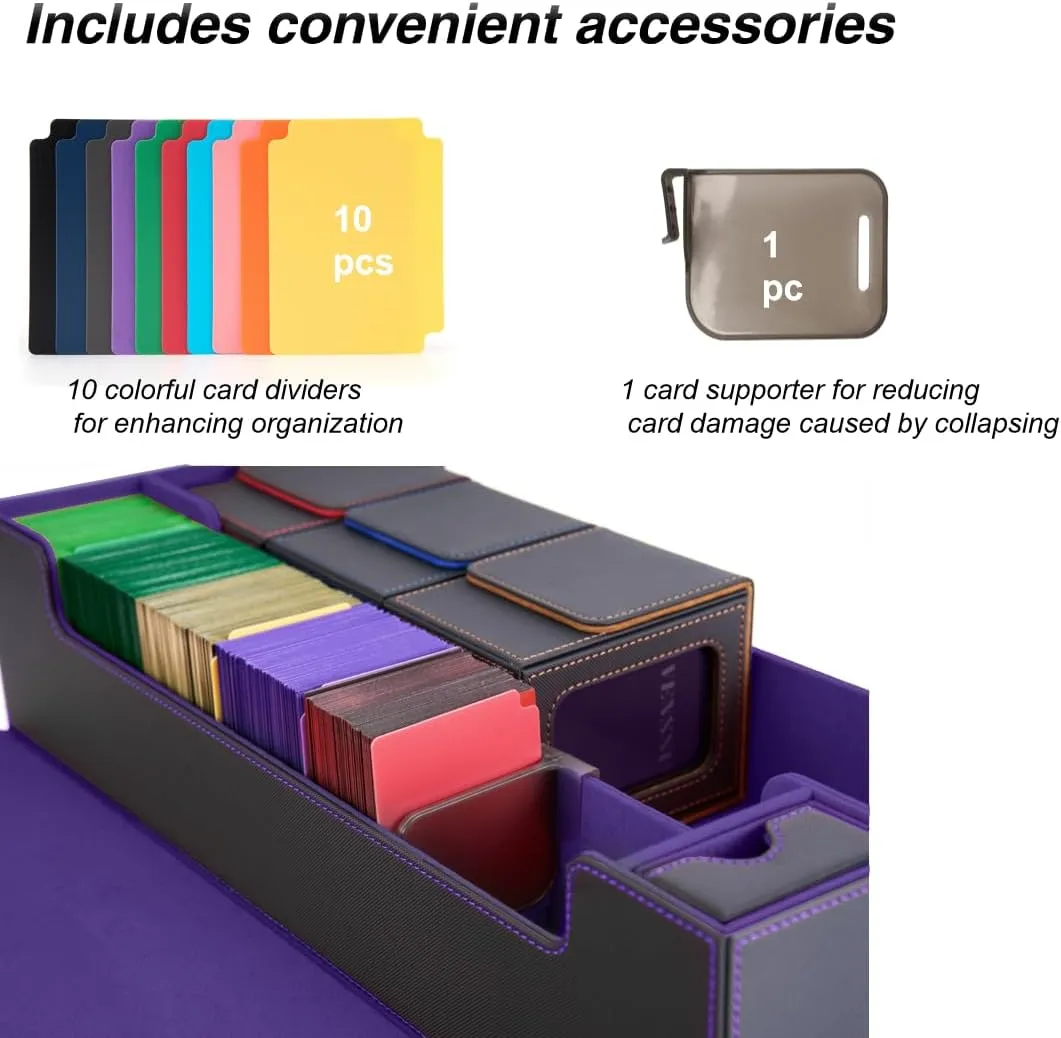 Venssu MTG Deck Box Holds 5 Display Card Deck Boxes with Playmat and Dice Box,Includes 10 colorful dividers and 1 card supporter, Trading Card Storage Box For Magic Game Cards（Black and Purple）