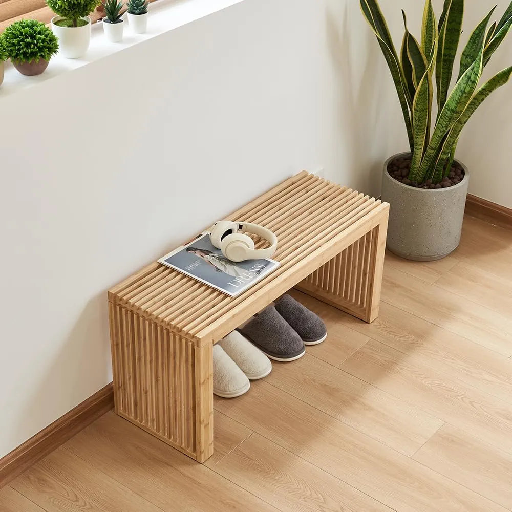 Versatile Wooden Slatted Bench - Sleek Modern Design for Dining, Entryway, Bedroom - Indoor Use with Storage Capability for Home, Kitchen, Bathroom & Beyond (Natural)