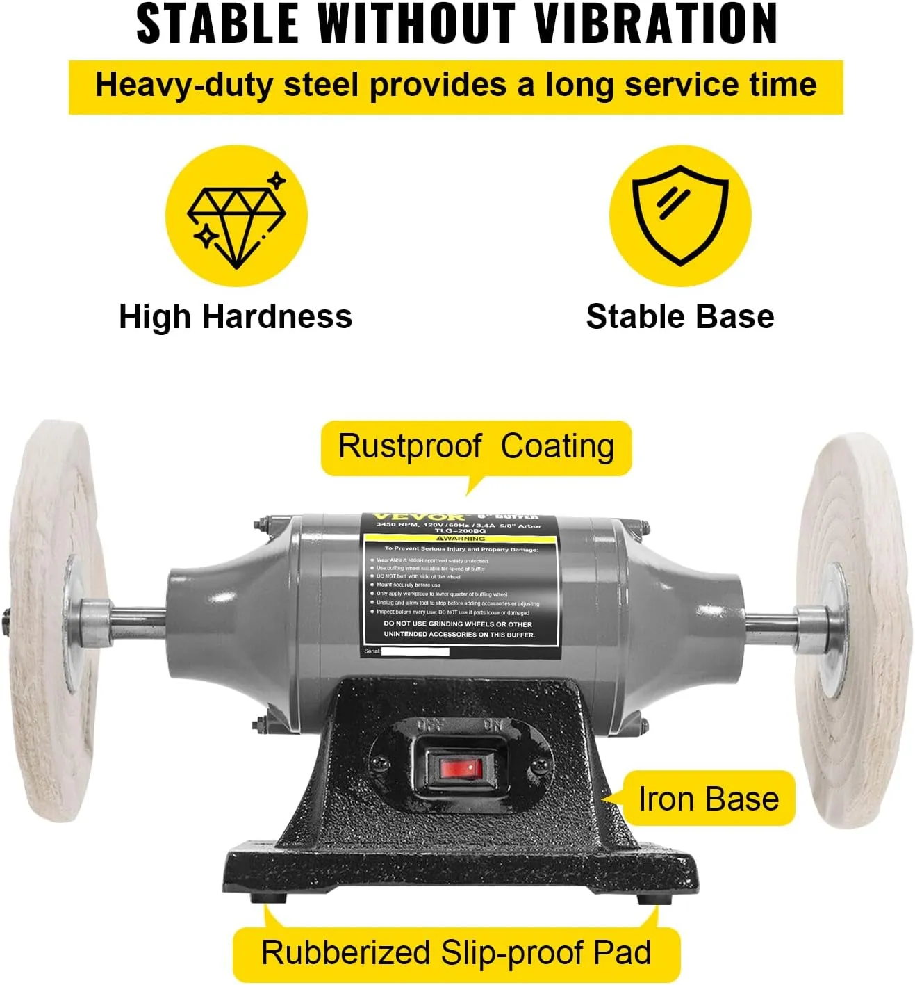 VEVOR Bench Buffer Polisher, 8 inch Buffing Machine 370W Motor with 3450 RPM, Heavy Duty Benchtop Lathe Polishing Machine for Jewelry, Wood, Silver, Amber, Metal, Jade