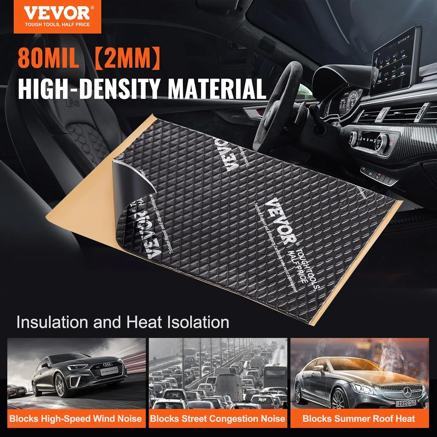 VEVOR Car Sound Deadening Mat, 80 mil 10 sqft Butyl Automotive Sound Deadener, Noise Insulation and Vibration Dampening Material
