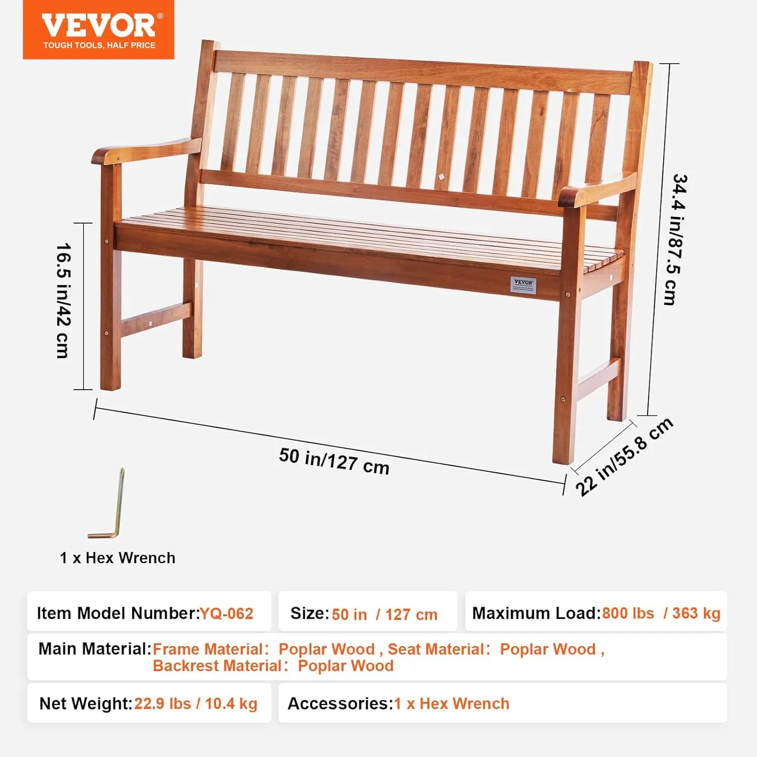VEVOR Wood Outdoor Bench, 2-Person Garden Bench with Backrest and Armrests, 800 lbs Load Capacity,All-Weather Never Rot Patio Bench for Garden, Park, Yard, Front Porch