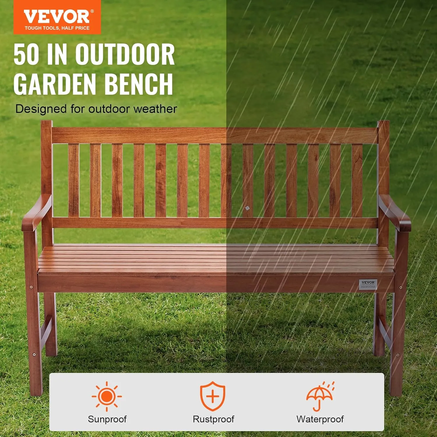 VEVOR Wood Outdoor Bench, 2-Person Garden Bench with Backrest and Armrests, 800 lbs Load Capacity,All-Weather Never Rot Patio Bench for Garden, Park, Yard, Front Porch
