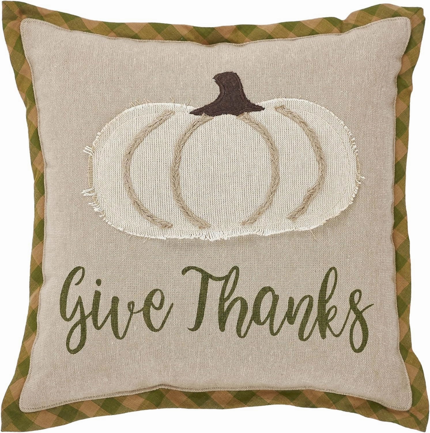 VHC Brands Harvest Blessings Applique Pumpkin Give Thanks Pillow 12x12, Decorative Fall Throw Pillow, Primitive Decor for Fall and Thanksgiving