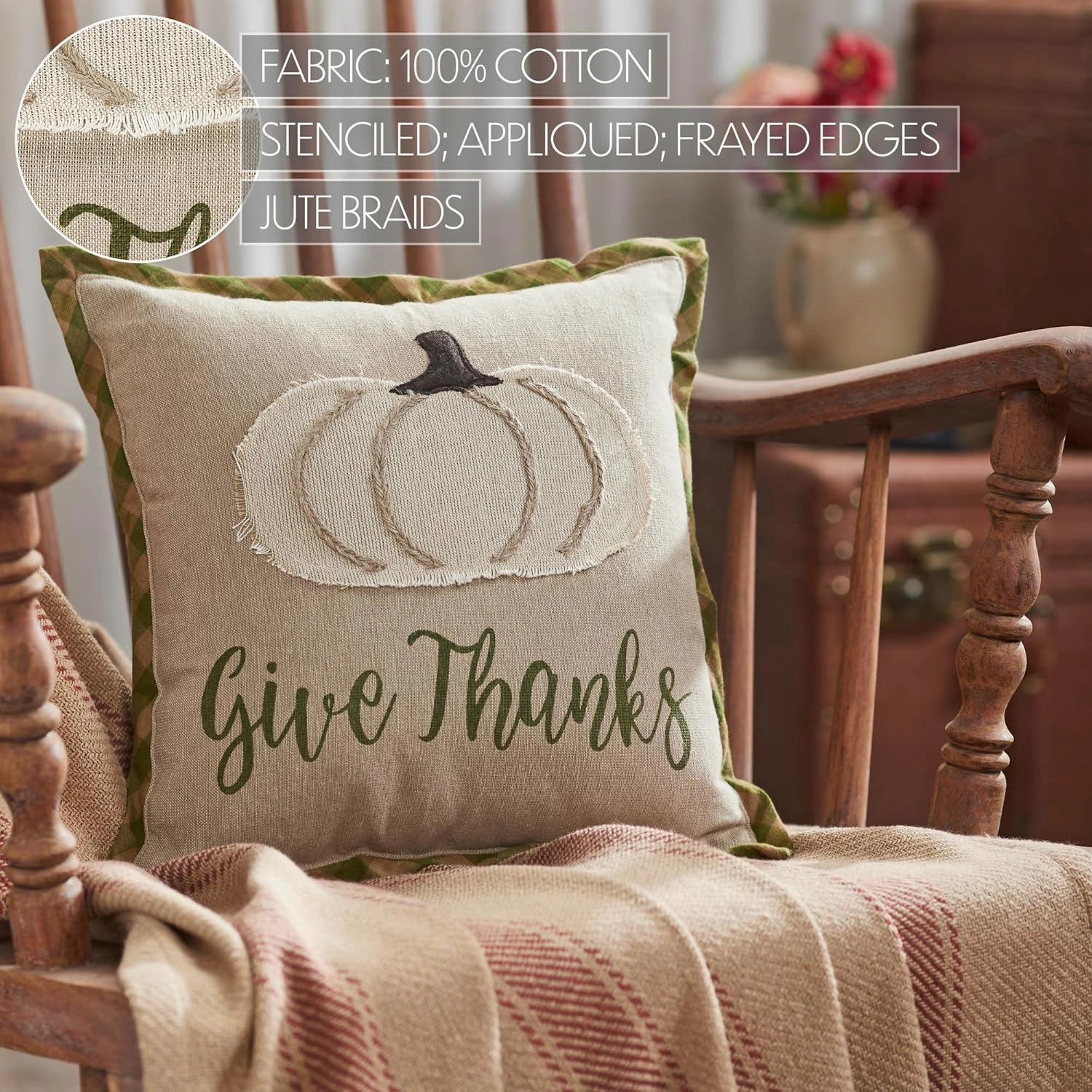 VHC Brands Harvest Blessings Applique Pumpkin Give Thanks Pillow 12x12, Decorative Fall Throw Pillow, Primitive Decor for Fall and Thanksgiving