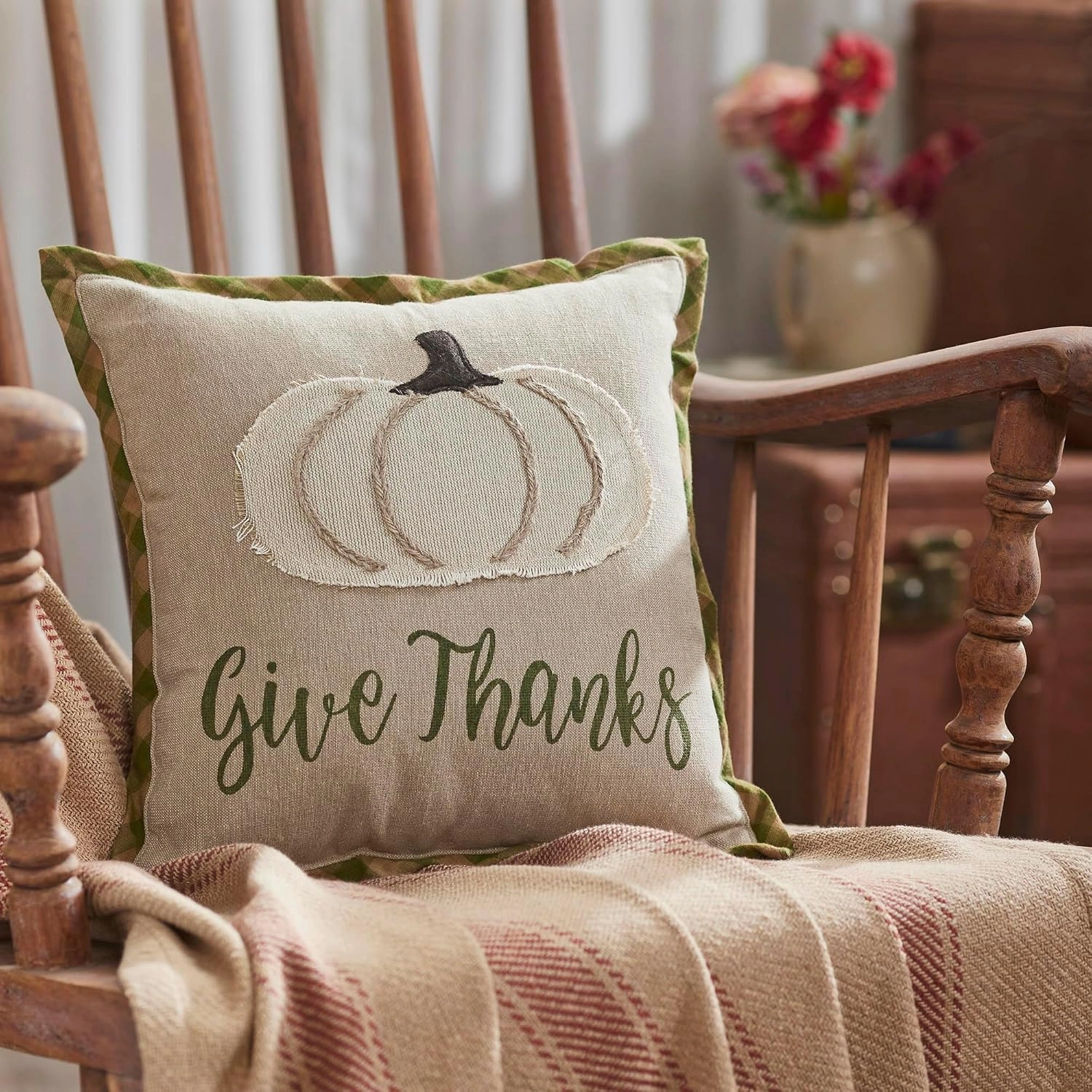 VHC Brands Harvest Blessings Applique Pumpkin Give Thanks Pillow 12x12, Decorative Fall Throw Pillow, Primitive Decor for Fall and Thanksgiving