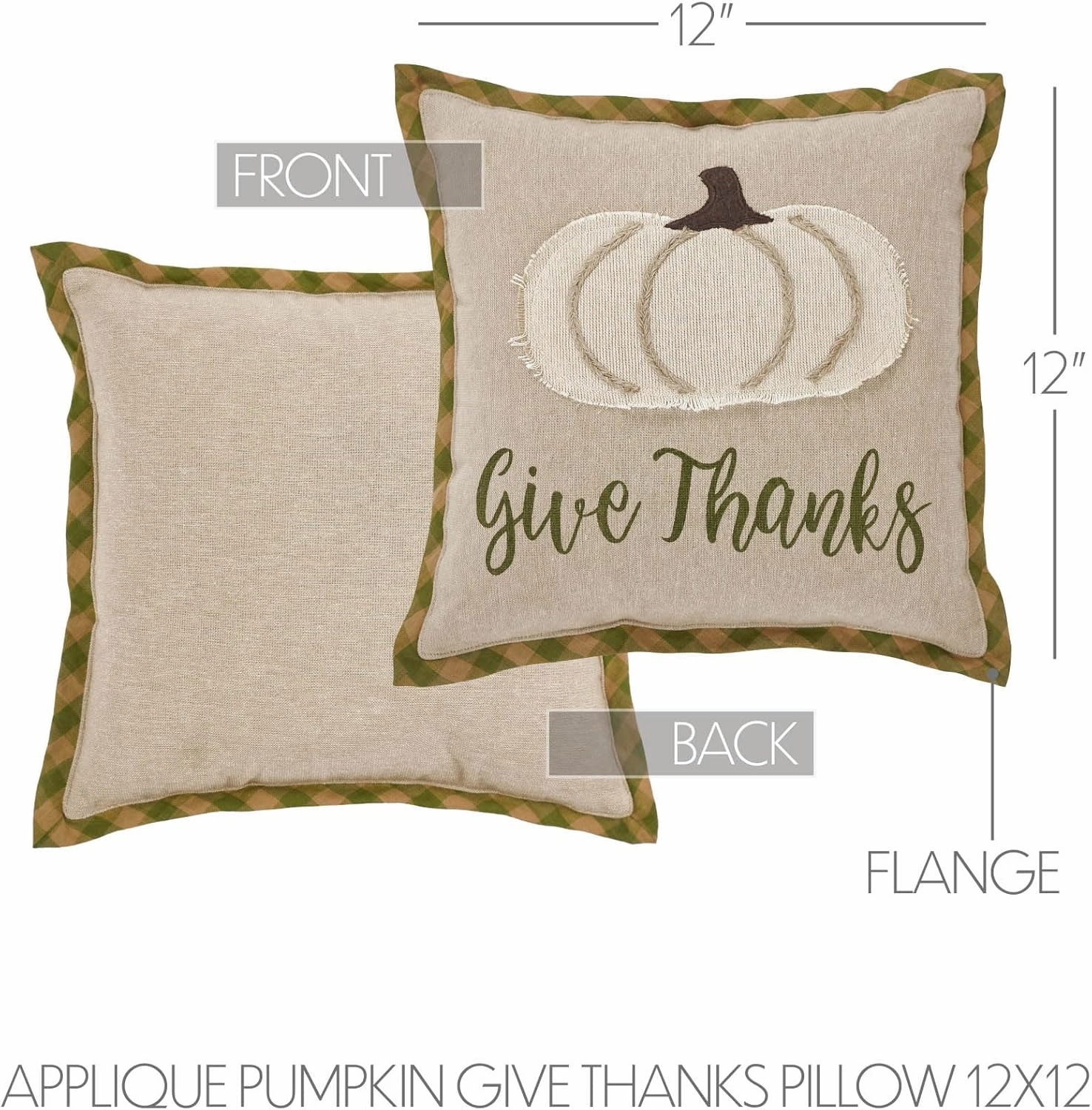 VHC Brands Harvest Blessings Applique Pumpkin Give Thanks Pillow 12x12, Decorative Fall Throw Pillow, Primitive Decor for Fall and Thanksgiving