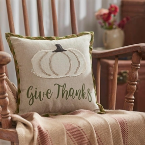 VHC Brands Harvest Blessings Applique Pumpkin Give Thanks Pillow 12x12, Decorative Fall Throw Pillow, Primitive Decor for Fall and Thanksgiving