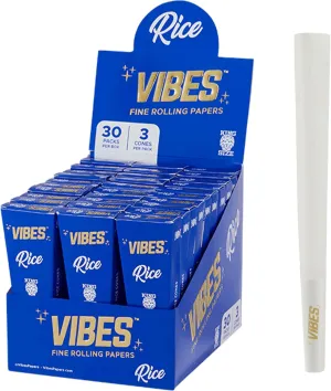 Vibes Premium Rice Pre-Rolled Cones (90 Cones) - King Size, 30-Pack Display Box, Chlorine-Free Technology, and Convenient Packing Tool Included